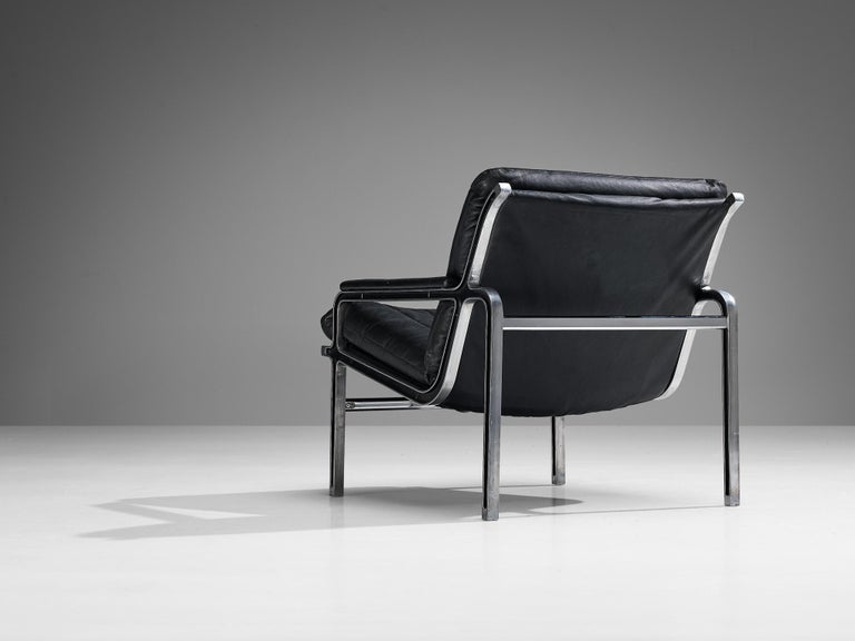 Andre Vandenbeuck for Strässle Pair of 'Aluline' Lounge Chairs in Black Leather