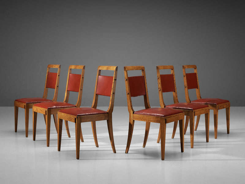 French Art Deco Set of Six Dining Chairs in Oak and Red Upholstery