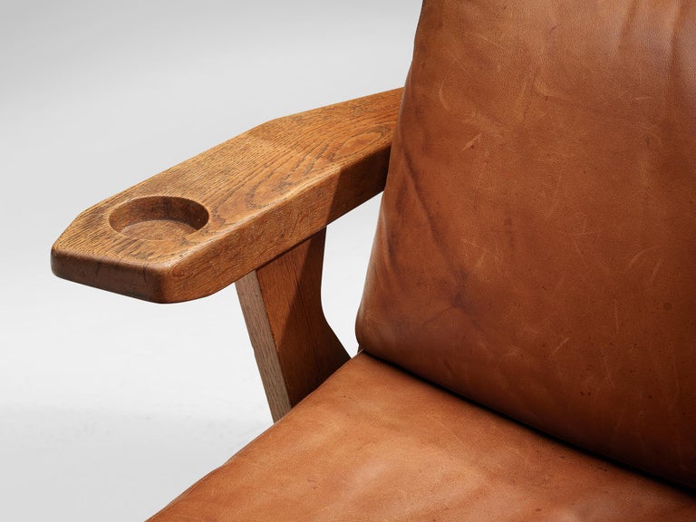 Guillerme & Chambron Lounge Chair with Storage in Oak and Leather
