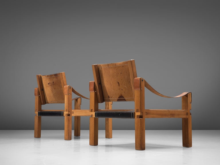 Early Pierre Chapo Pair of Lounge Chairs 'S10X' in Patinated Black Leather