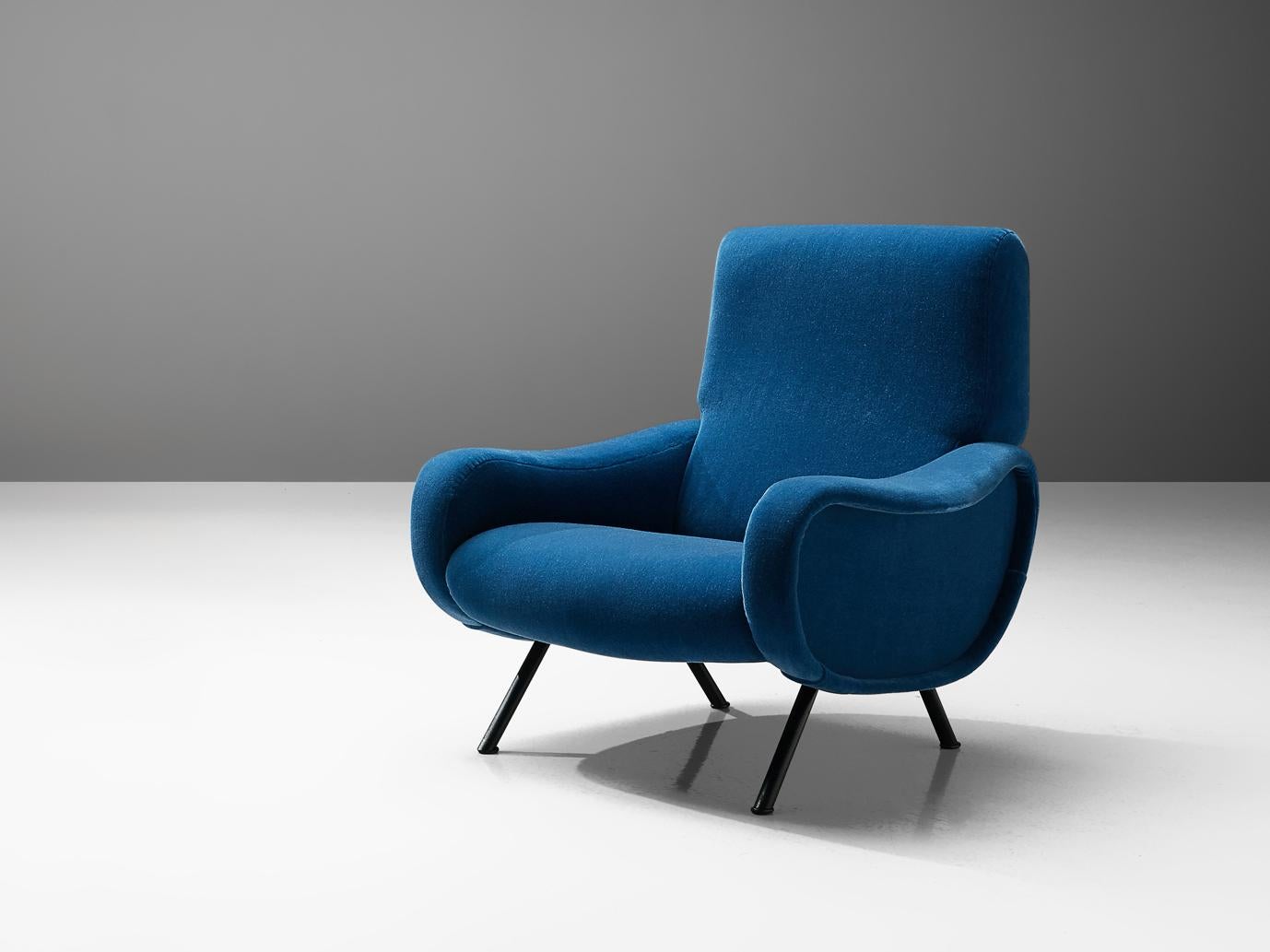 Marco Zanuso Lounge Chair Reupholstered in Blue Mohair