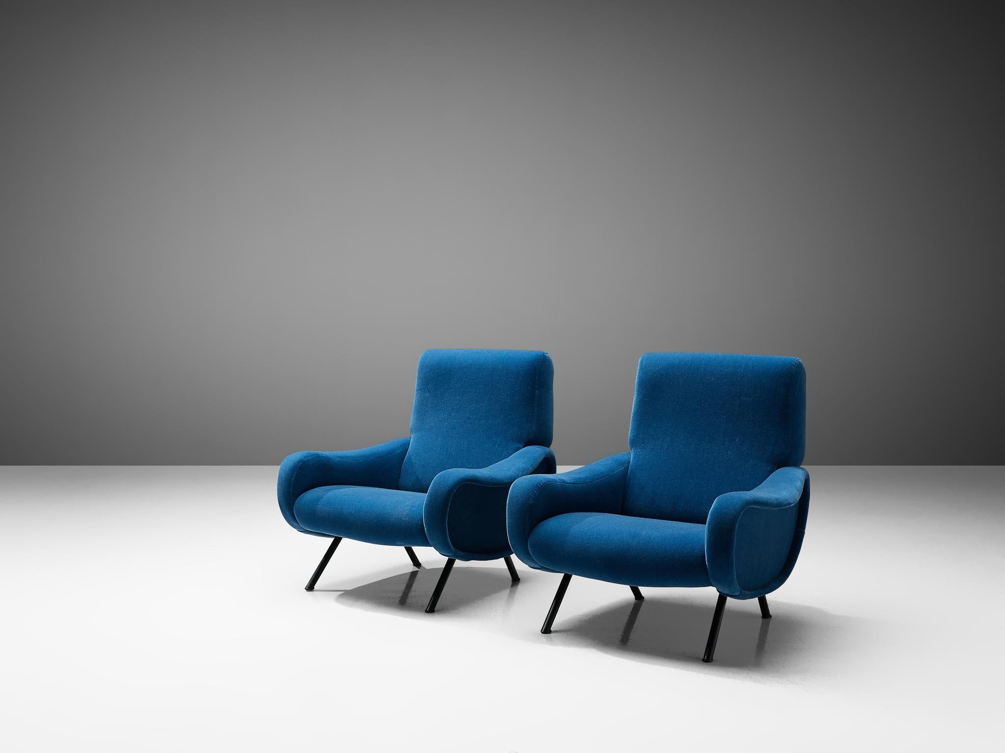 Marco Zanuso Pair of Lounge Chairs Reupholstered in Blue Mohair