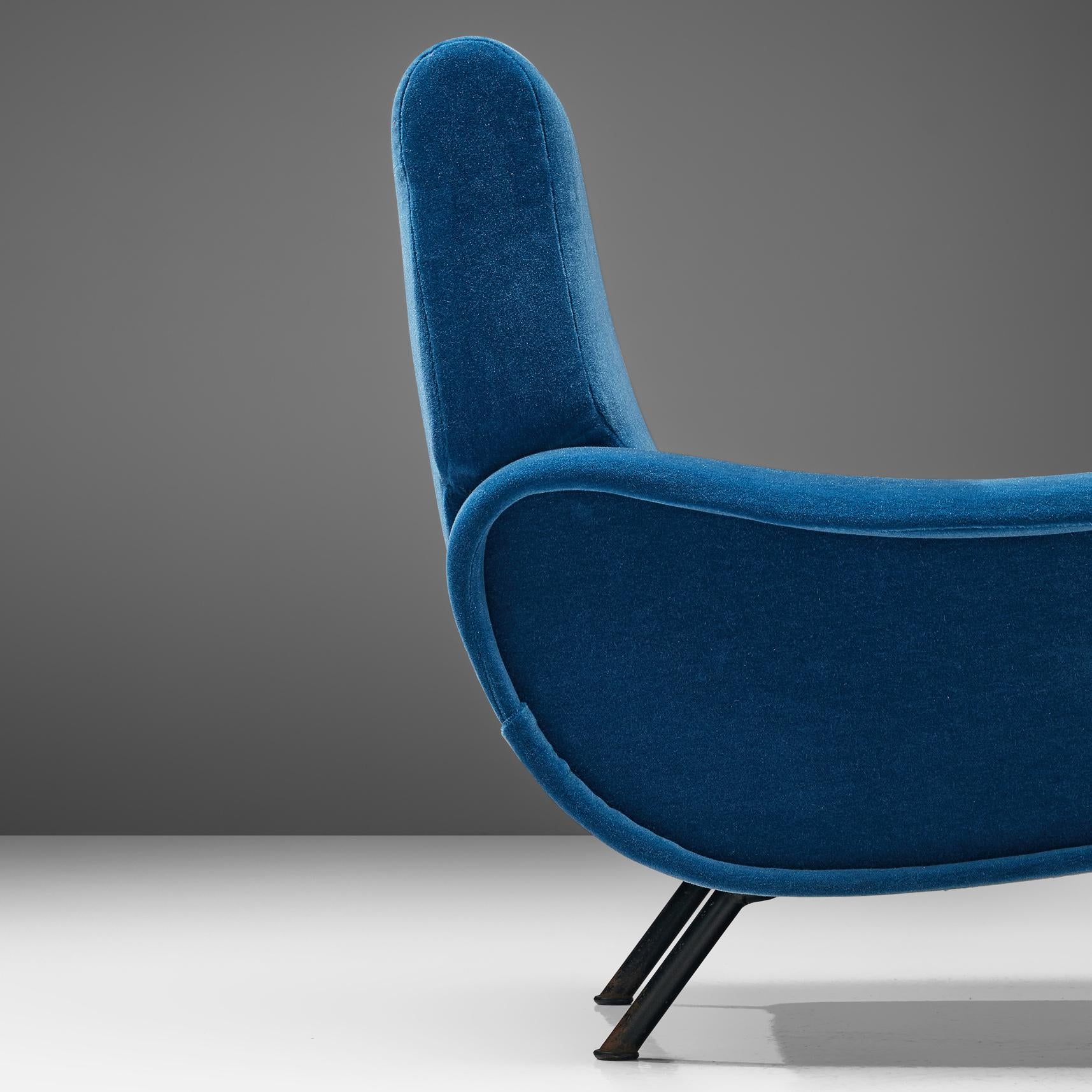 Marco Zanuso Lounge Chair Reupholstered in Blue Mohair