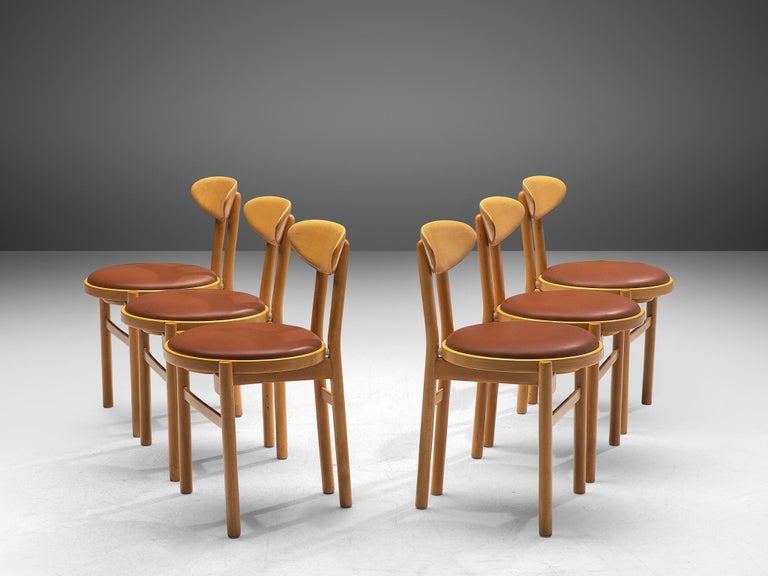 Pozzi Italian Set of Six Dining Chairs in Stained Wood and Brown Upholstery