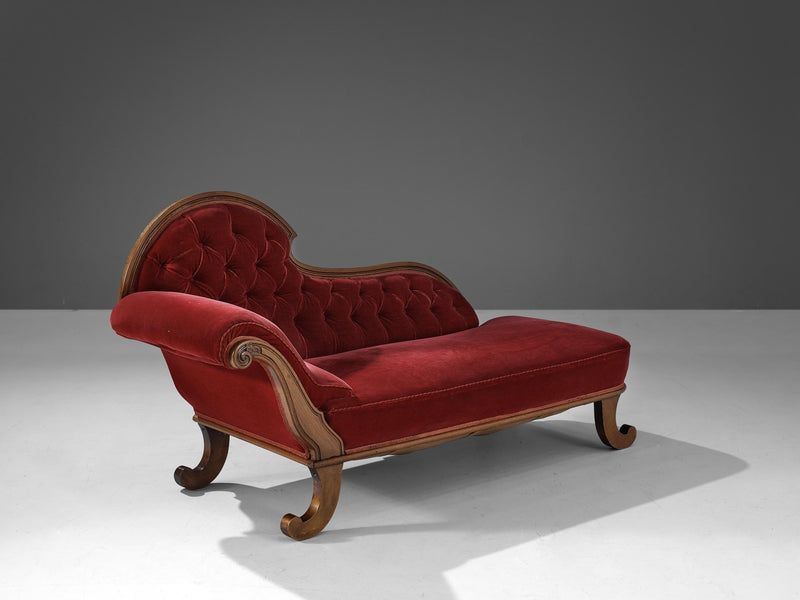 Art Deco Daybed in Red Velvet and Walnut