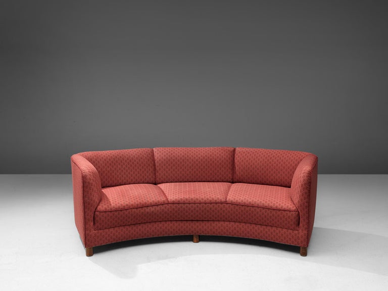 Danish Curved Sofa in Floral Red Upholstery