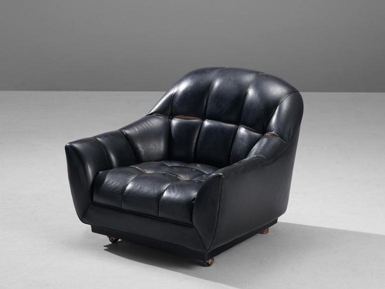 Italian Pair of Lounge Chairs in Black Leather