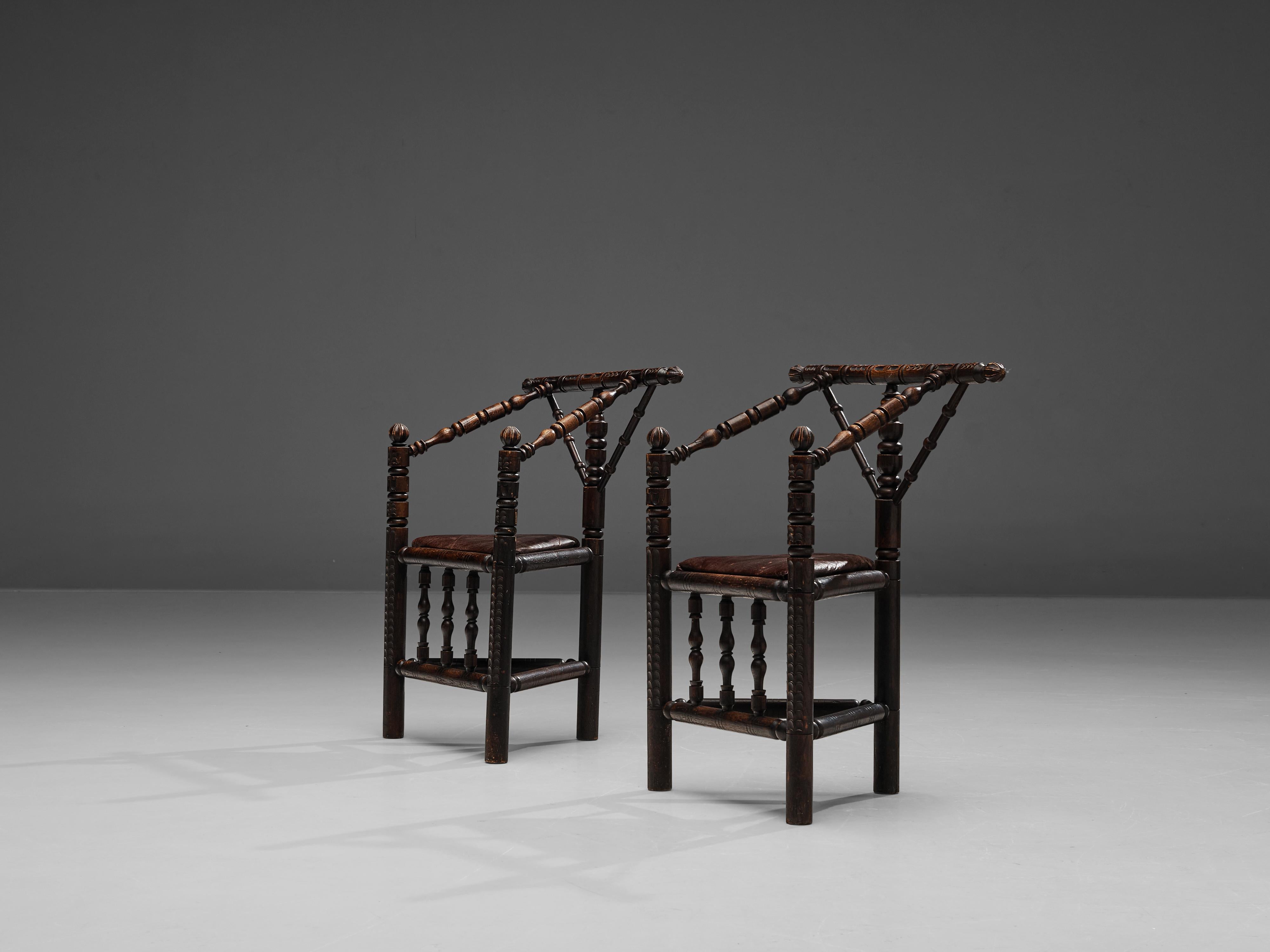 Pair of Carved Swedish Monk Chairs in Solid Oak