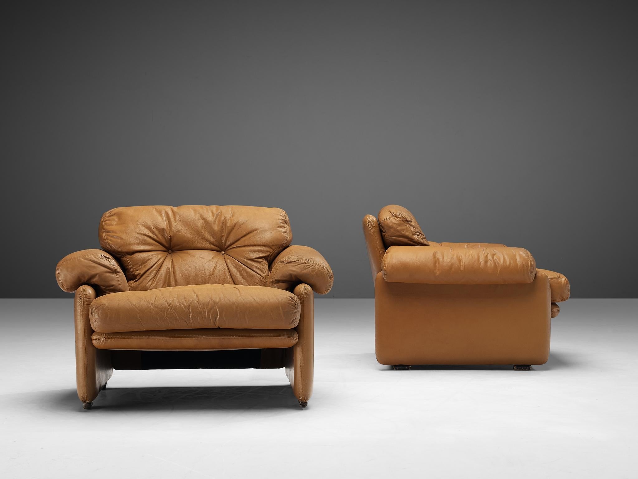 Afra Tobia Scarpa Pair of 'Coronado' Lounge Chairs in Cognac Leather