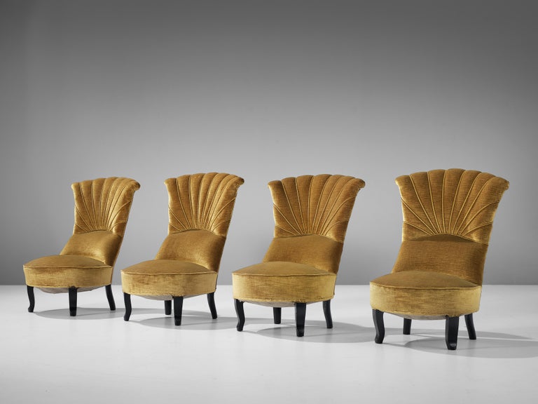 Art Deco Low Side Chairs in Mustard Velours Fabric