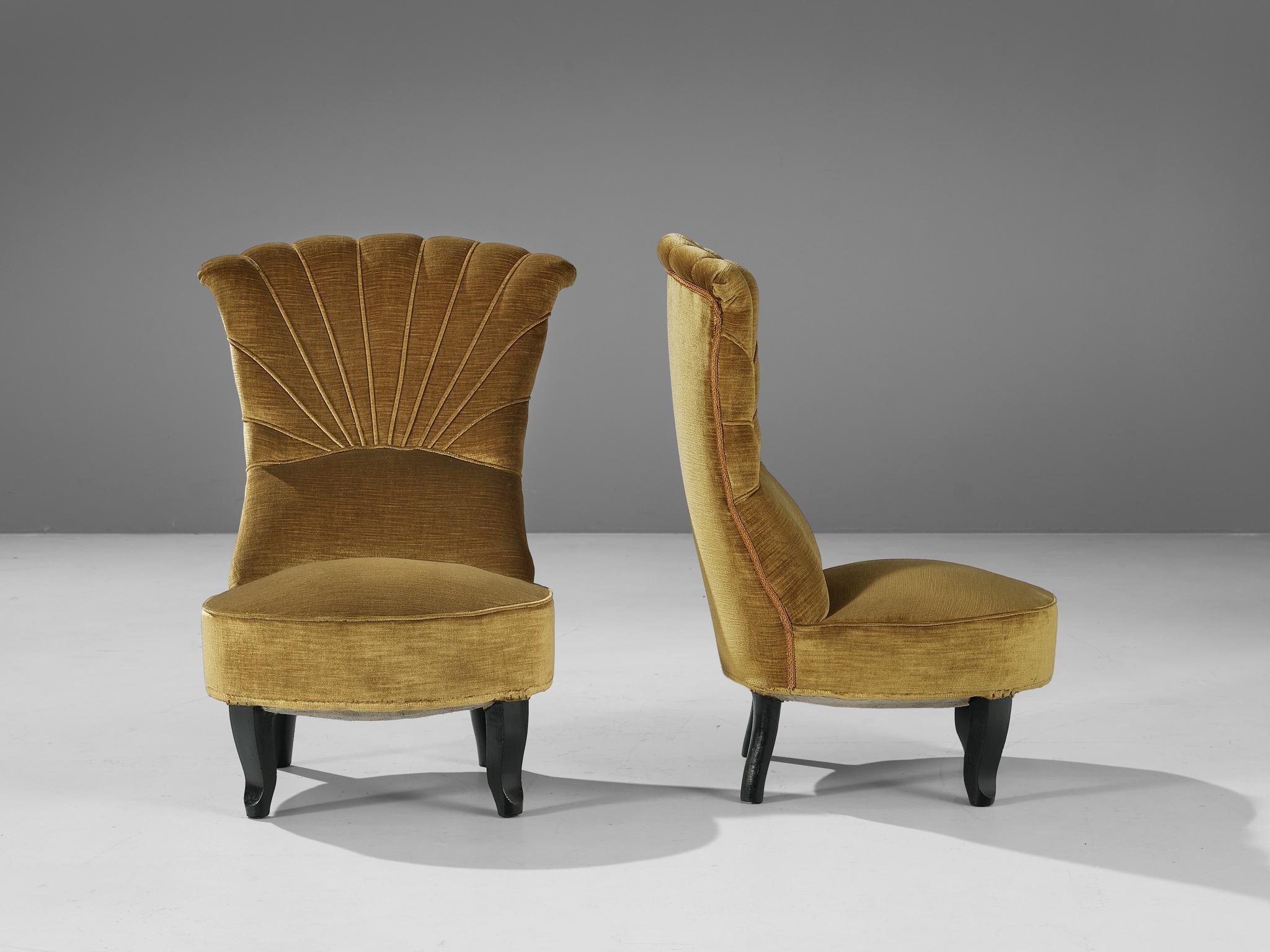 Pair of Art Deco Low Side Chairs in Mustard Velours Fabric