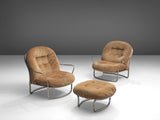 Carlo De Carli Pair of Lounge Chairs with Ottoman in Beige Corduroy & Steel
