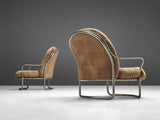 Carlo De Carli Pair of Lounge Chairs with Ottoman in Beige Corduroy & Steel