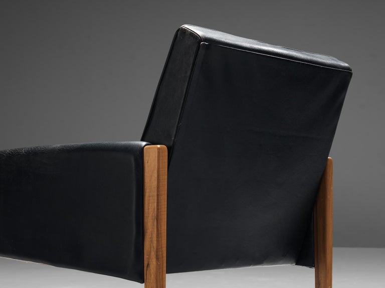 Pair of Italian Lounge Chairs in Black Leather and Stained Walnut