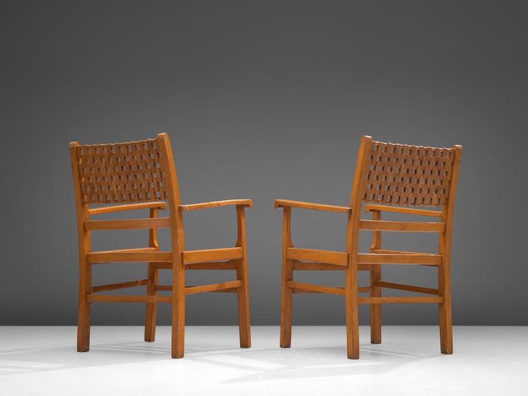 Pair of Armchairs with Geometric Seat and Back in Wood