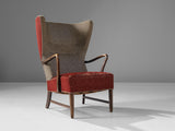 Danish High Wingback Lounge Chair in Red Upholstery