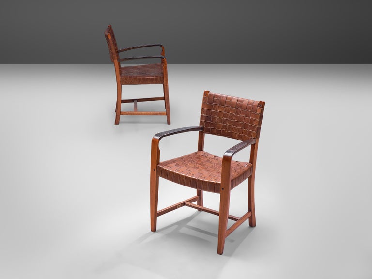 Belgian Pair of Armchairs Chairs in Leather and Oak