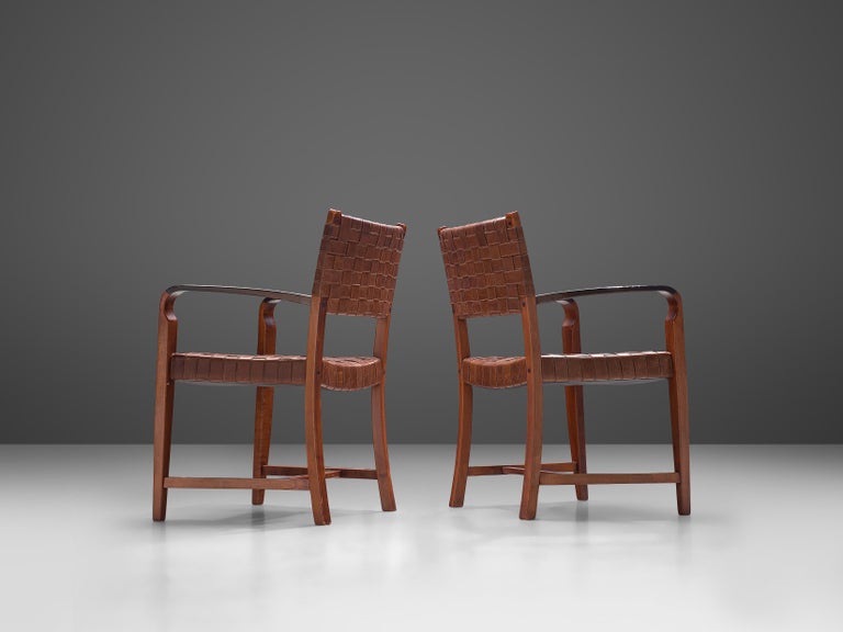 Belgian Pair of Armchairs Chairs in Leather and Oak