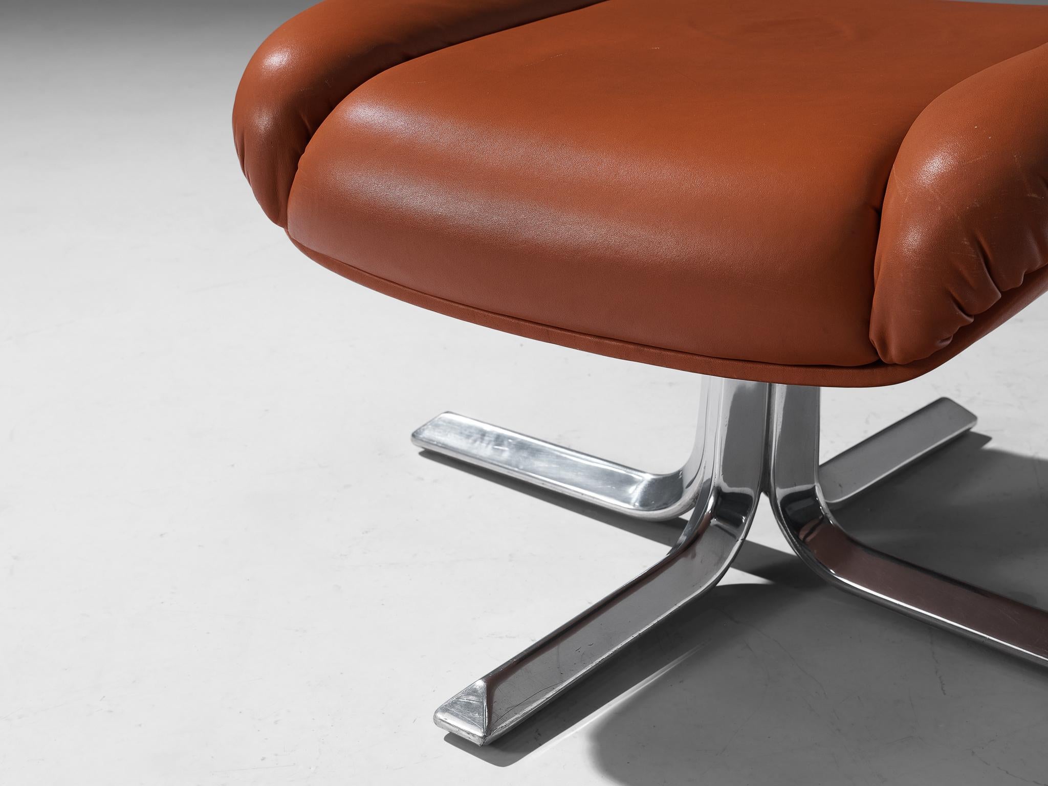 Footstool in Chrome and Cognac Leather