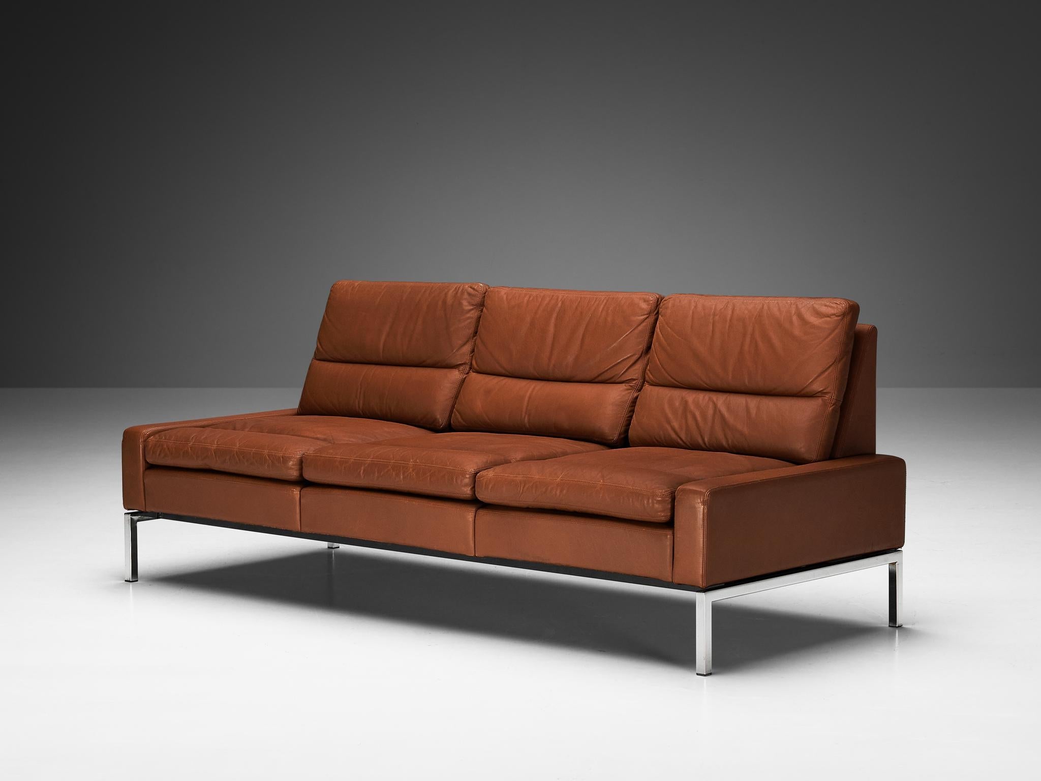 Wilkhahn German Sofa in Brown Leather with Metal Frame