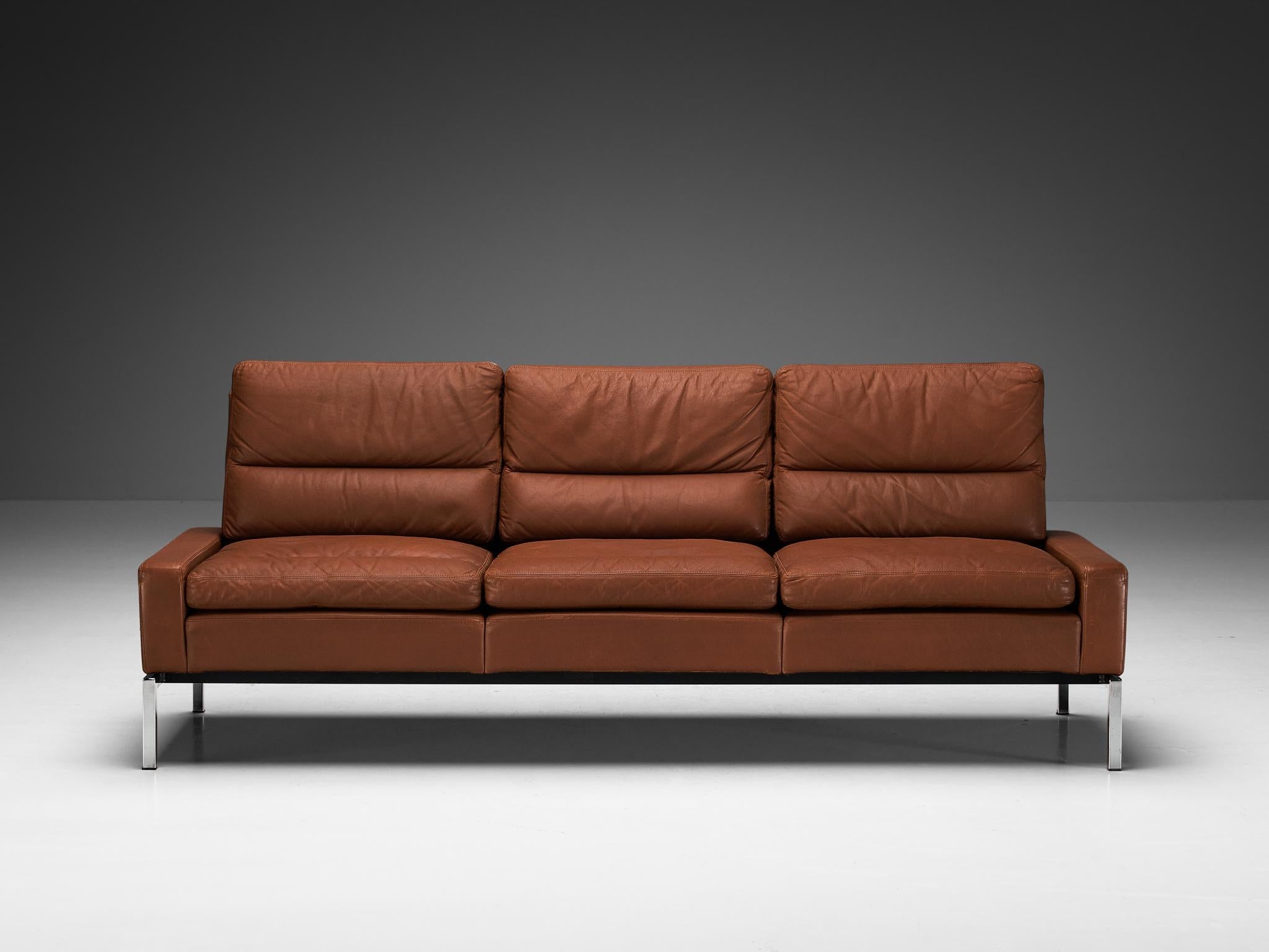 Wilkhahn German Sofa in Brown Leather with Metal Frame