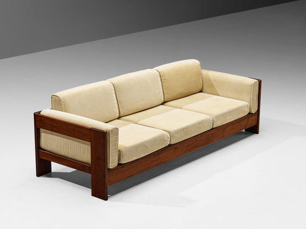 Italian Mid-Century Modern Sofa in Walnut and Beige Corduroy