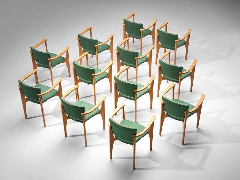 Set of Twelve Dining Chairs in Green Upholstery