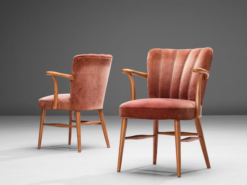 European Armchairs in Soft Pink Velvet Upholstery and Beech