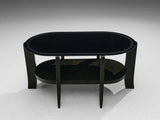 Italian Art Deco Oval Shaped Coffee Table in Green Stained Wood and Black Glass