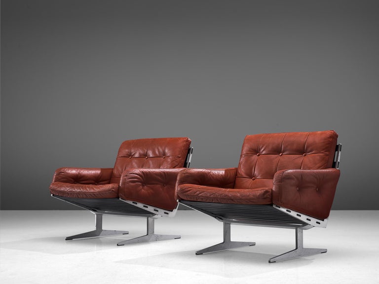 Paul Leidersdorff for Cado 'Caravelle' Pair of Lounge Chairs in Red Leather