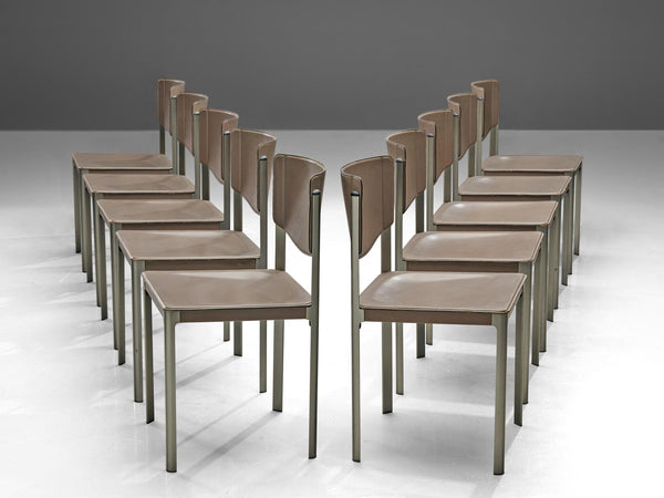 Matteo Grassi Set of Ten Dining Chairs in Leather and Steel