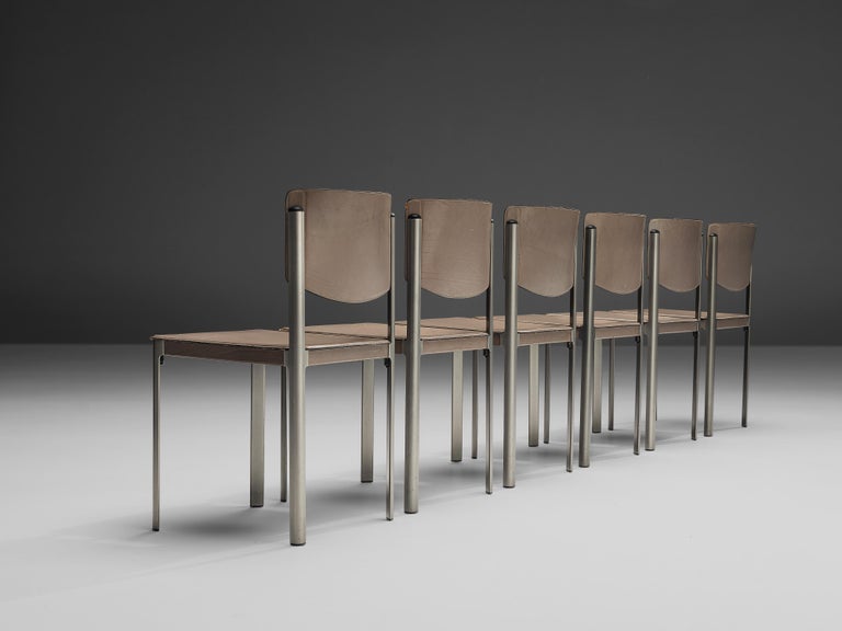 Matteo Grassi Set of Six Dining Chairs in Leather and Steel