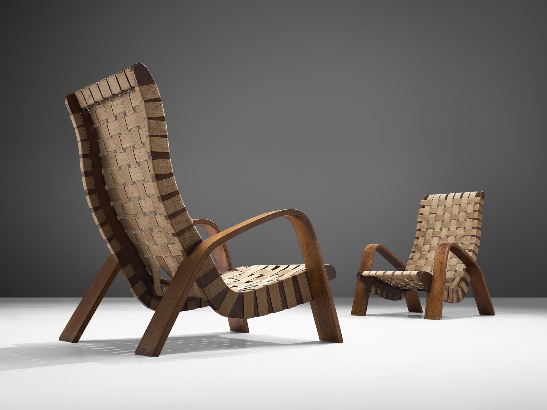 Sculptural Lounge Chairs with Ottomans in Canvas and Plywood