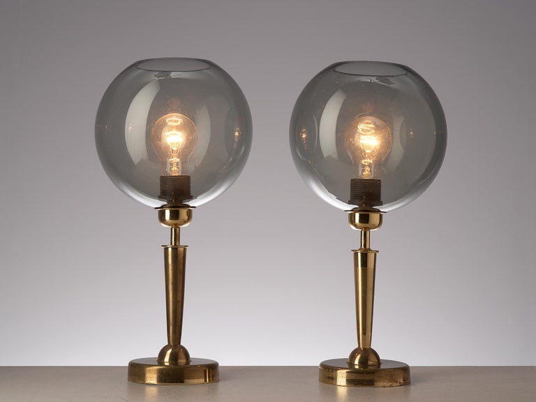 French Table Lamps in Brass and Smoked Glass