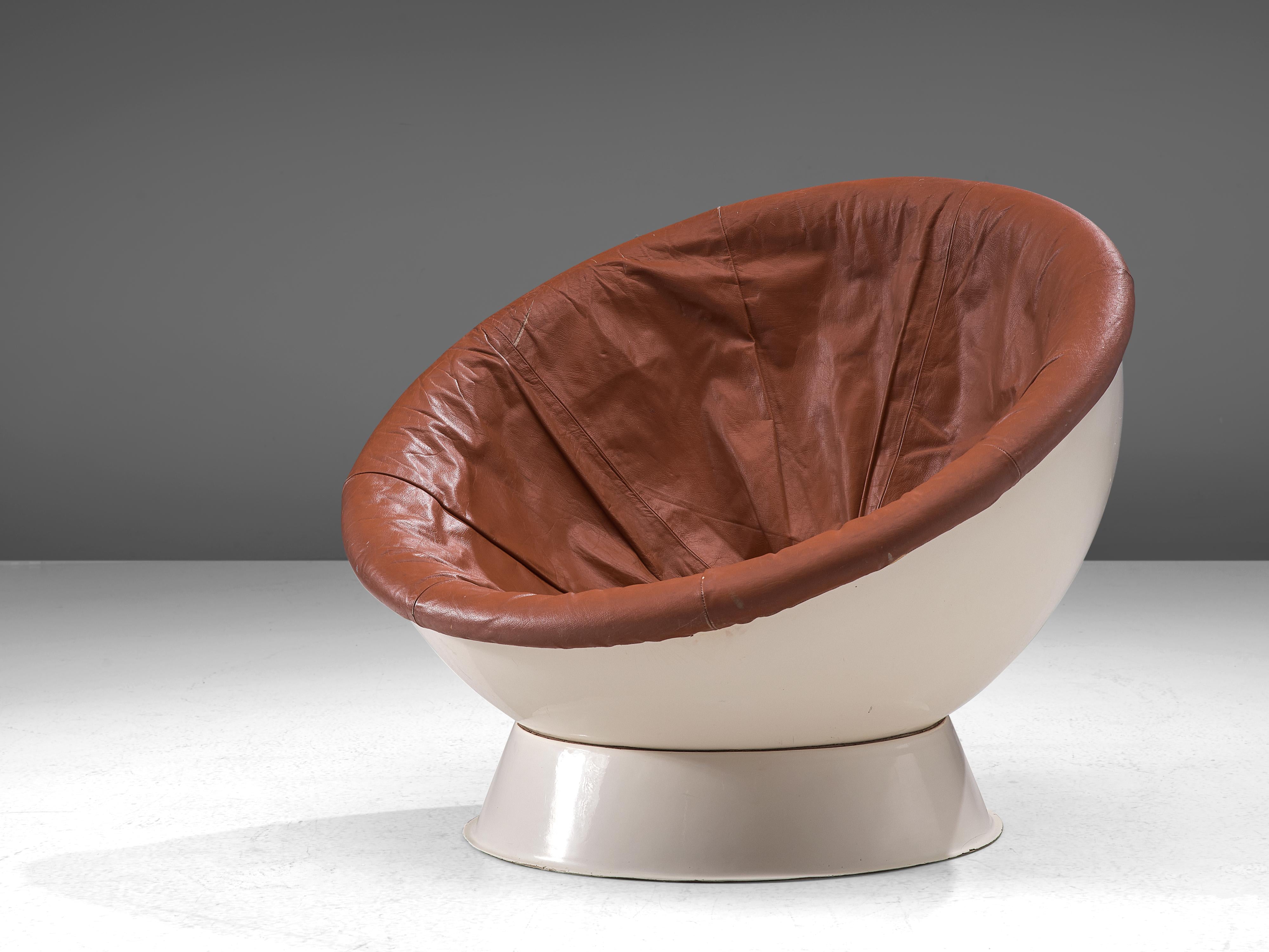 Space Age Ball Chair in White Fiberglass and Brown Leather