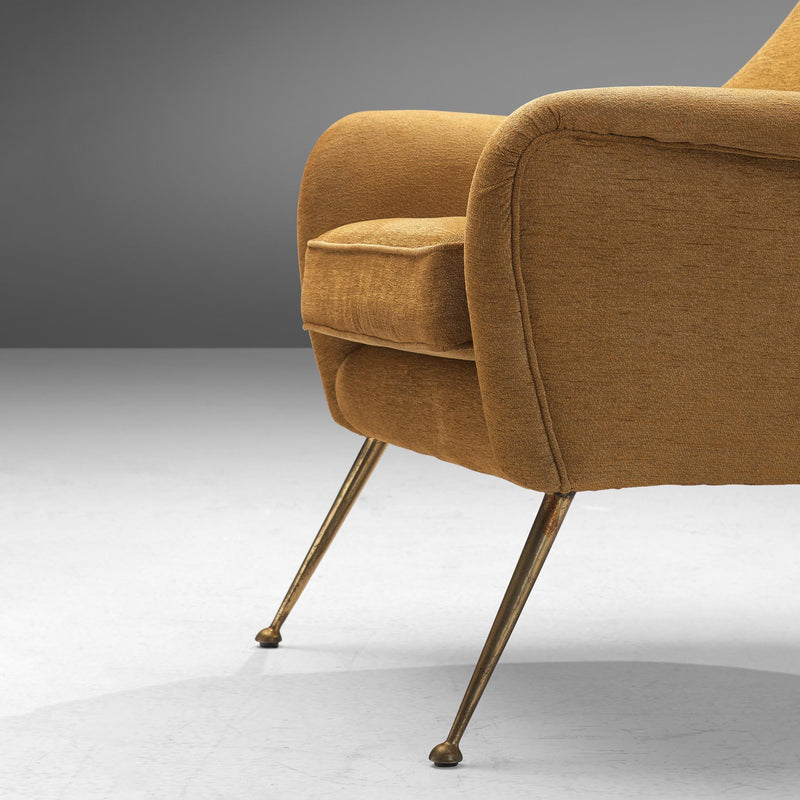 Elegant Italian Lounge Chairs in Ocher Yellow Upholstery and Brass