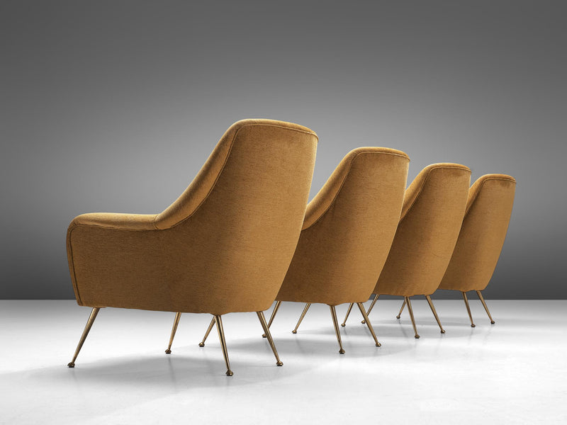 Elegant Italian Lounge Chairs in Ocher Yellow Upholstery and Brass