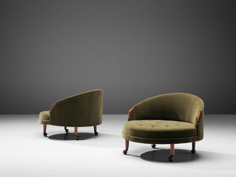 Adrian Pearsall Pair of 'Havana' Lounge Chairs in Green Pierre Frey and Walnut