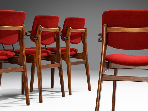 Dutch Set of Eight Armchairs in Teak and Burgundy Red Upholstery