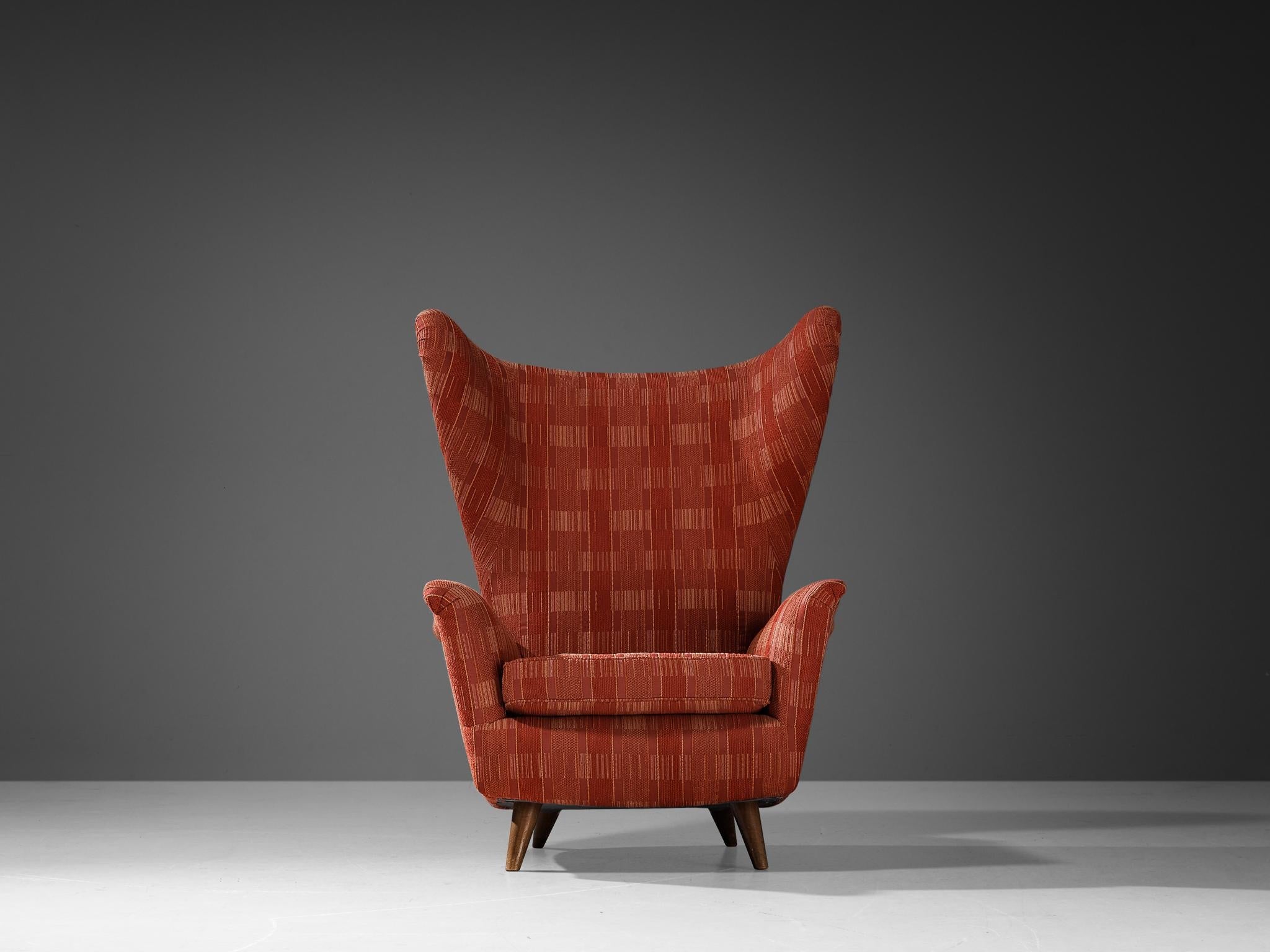 Italian Large Wingback Chair in Red Checkered Upholstery