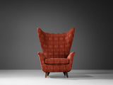 Italian Large Wingback Chair in Red Checkered Upholstery