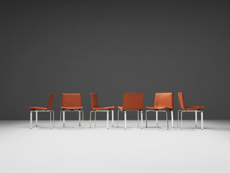 Jorgen Høj Set of Six Dining Chairs in Cognac Leather and Brushed Aluminum