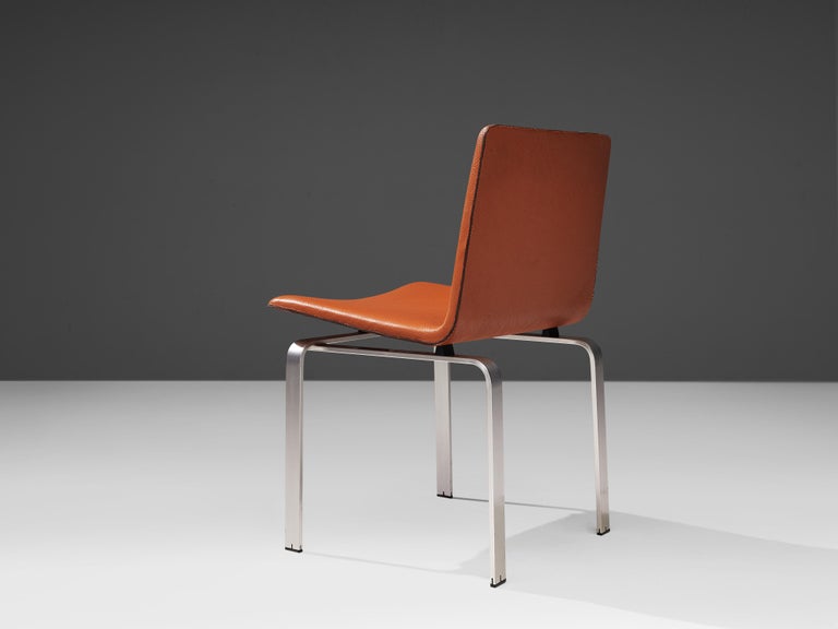 Jorgen Høj Set of Six Dining Chairs in Cognac Leather and Brushed Aluminum