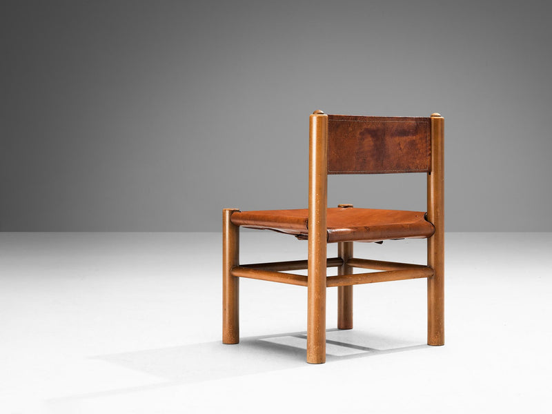 Spanish Side Chair in Brown Leather and Stained Wood