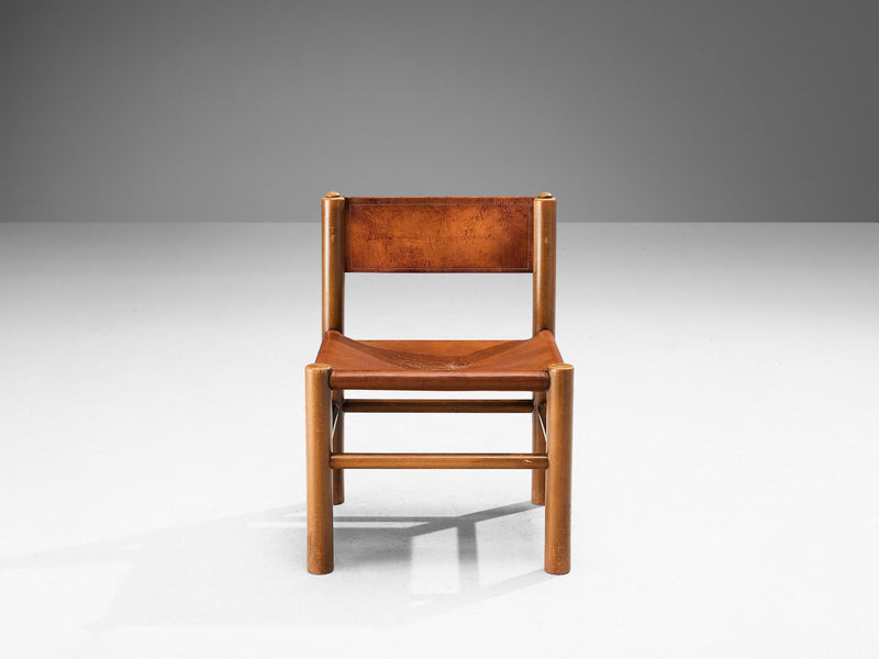 Spanish Side Chair in Brown Leather and Stained Wood