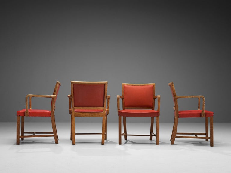 Set of Four Armchairs in Oak and Red Leatherette