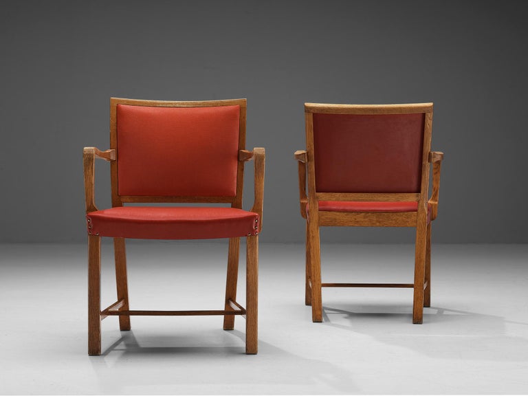Set of Four Armchairs in Oak and Red Leatherette