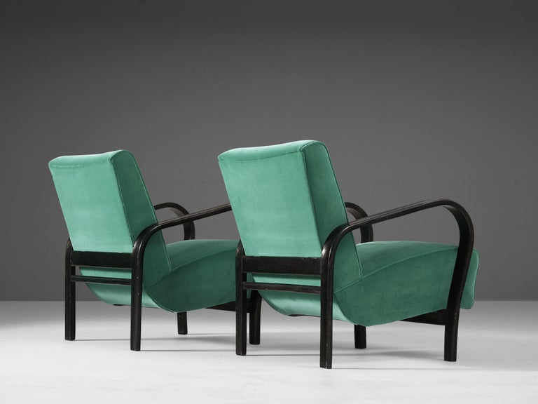 Jindrich Halabala Lounge Chairs in Green Fabric