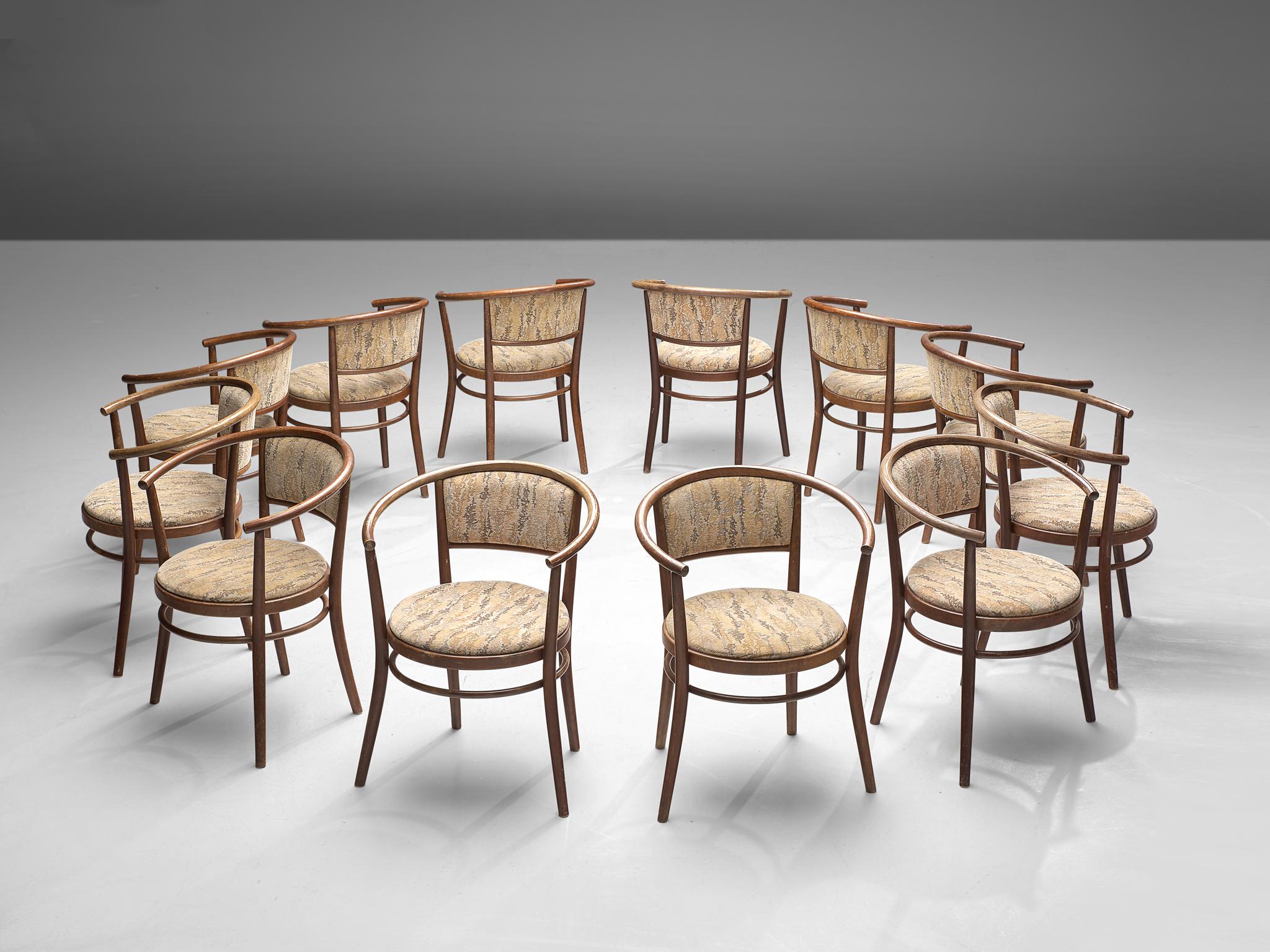 Ton Set of Twelve Armchairs in Bentwood with Fabric Upholstery