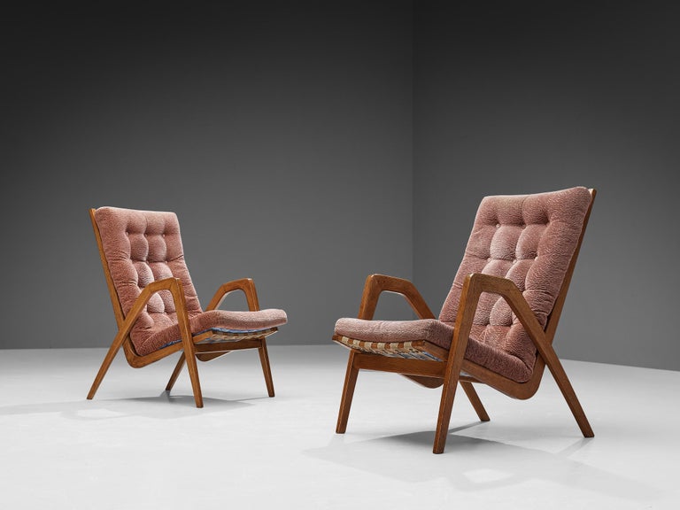 Sculptural Pair of Lounge Chairs in Oak and Burgundy Upholstery